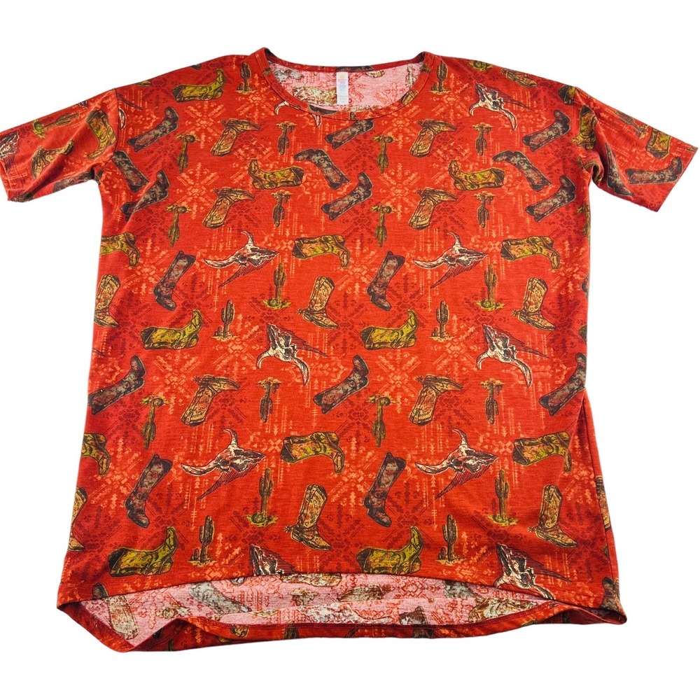 Lularoe T Shirt Cowboy Western Women's‎ Medium Orange Boots Skull Short Sleeves